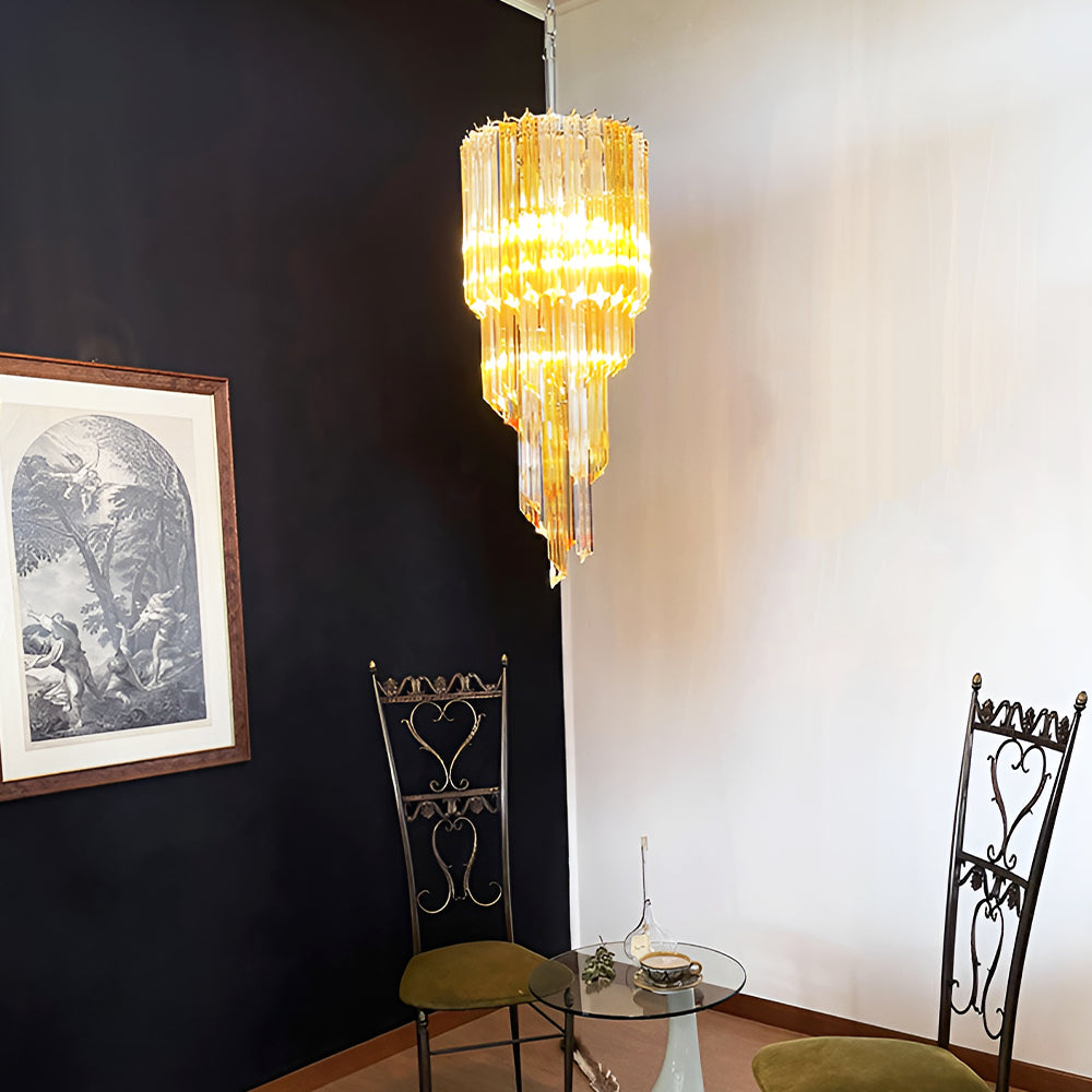 Chandelier  Spiral Prism Glass Hand-Cut Faceted Prisms Nickel Frame Pink Amber
