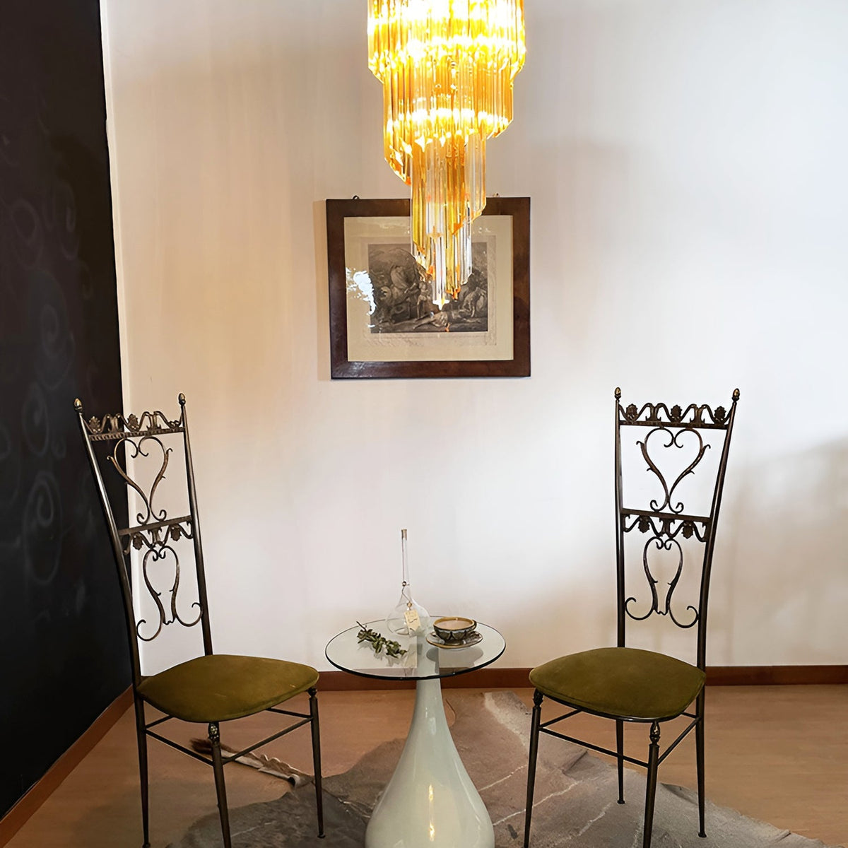 Chandelier  Spiral Prism Glass Hand-Cut Faceted Prisms Nickel Frame Pink Amber