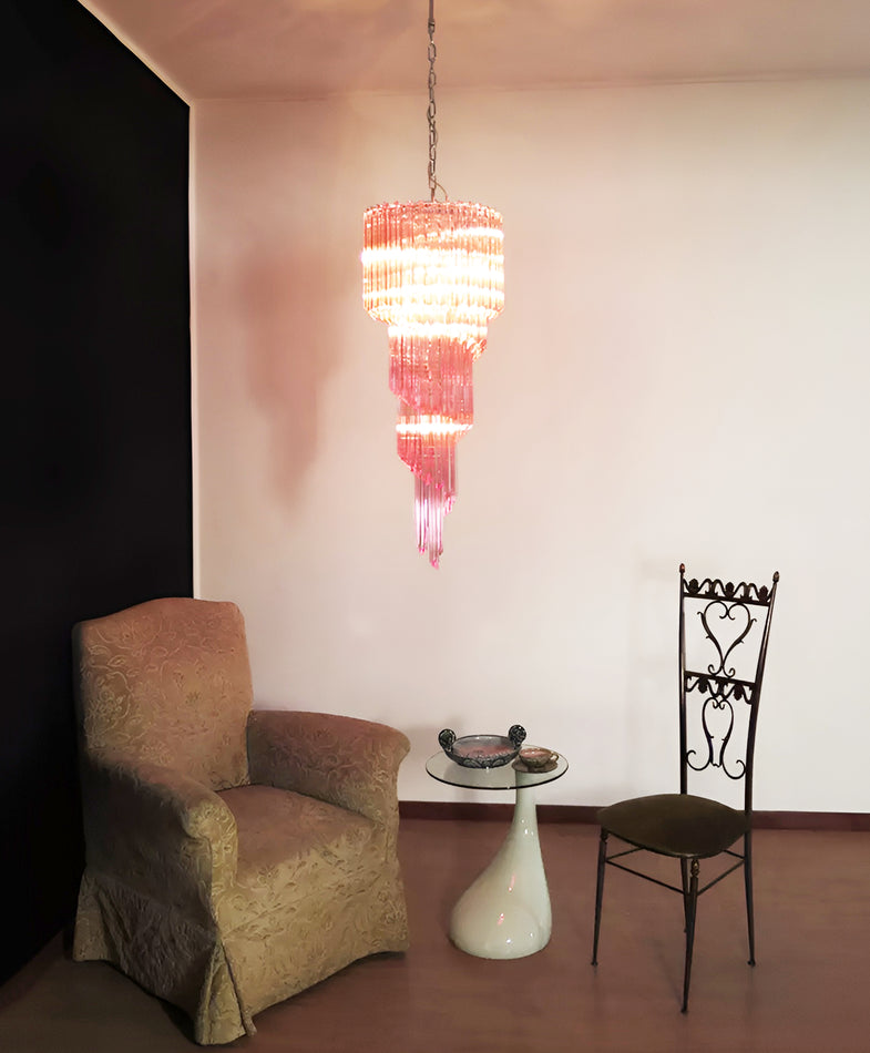 Chandelier  Spiral Prism Glass Hand-Cut Faceted Prisms Nickel Frame Pink Amber