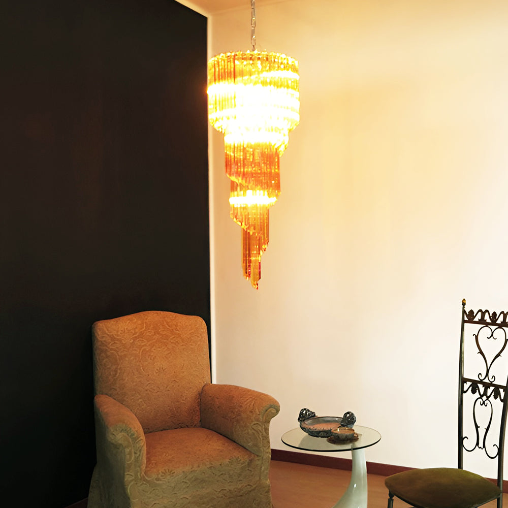 Chandelier  Spiral Prism Glass Hand-Cut Faceted Prisms Nickel Frame Pink Amber