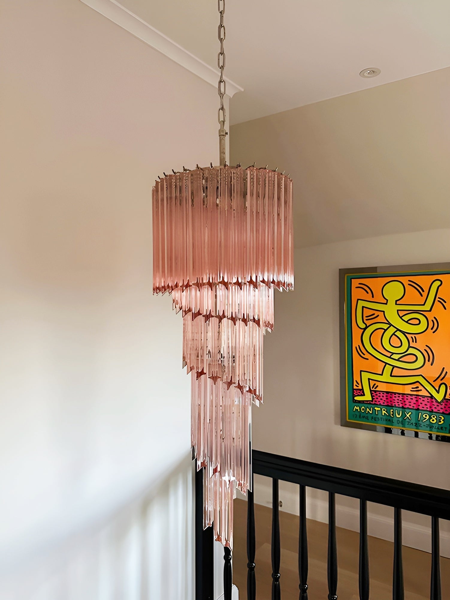 Chandelier  Spiral Prism Glass Hand-Cut Faceted Prisms Nickel Frame Pink Amber