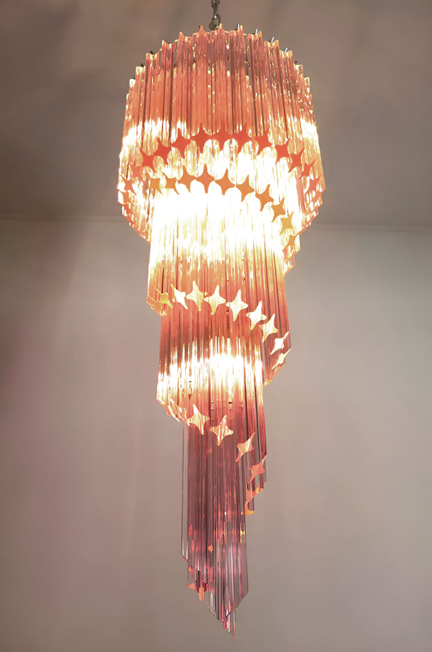 Chandelier  Spiral Prism Glass Hand-Cut Faceted Prisms Nickel Frame Pink Amber
