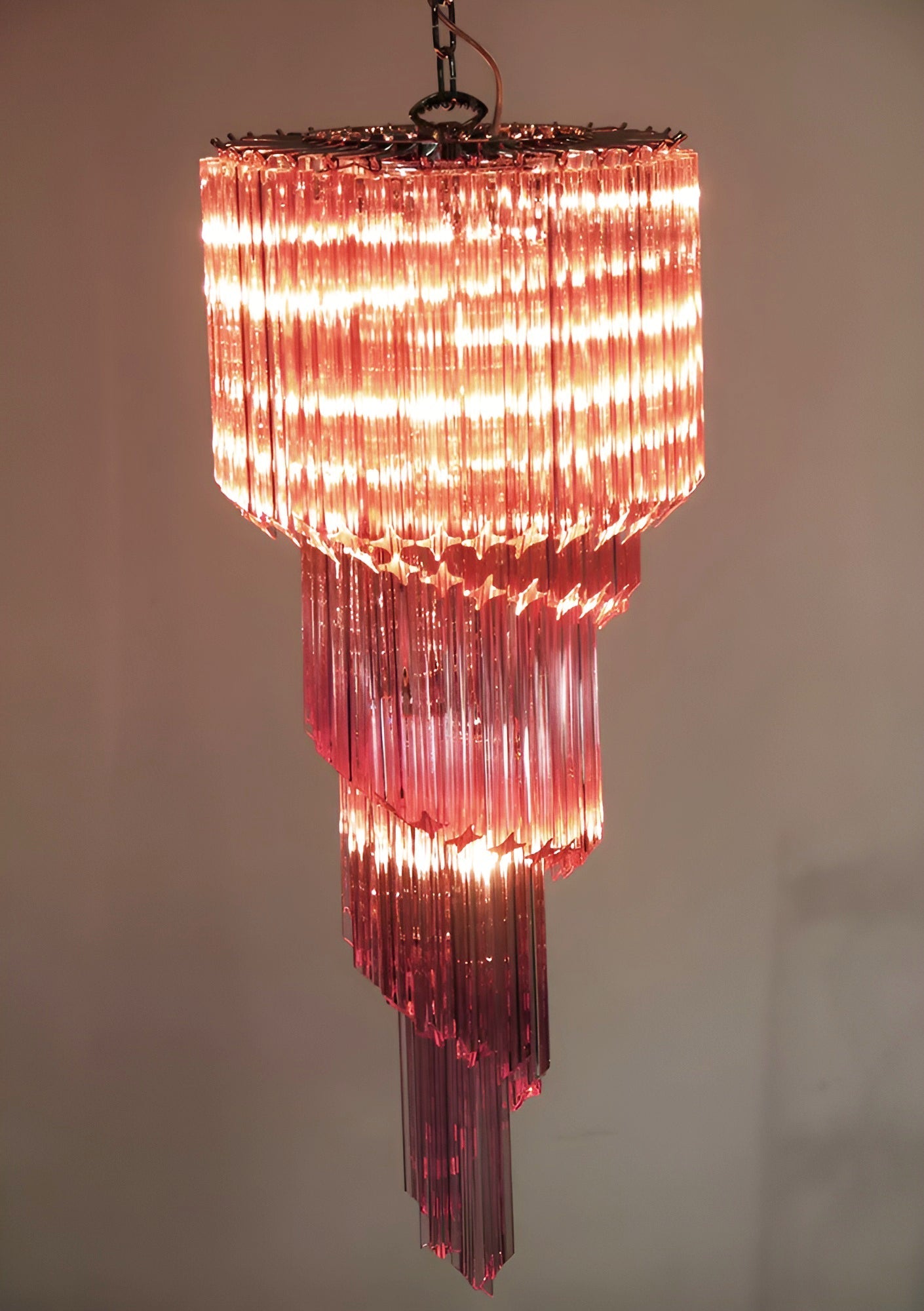 Chandelier  Spiral Prism Glass Hand-Cut Faceted Prisms Nickel Frame Pink Amber