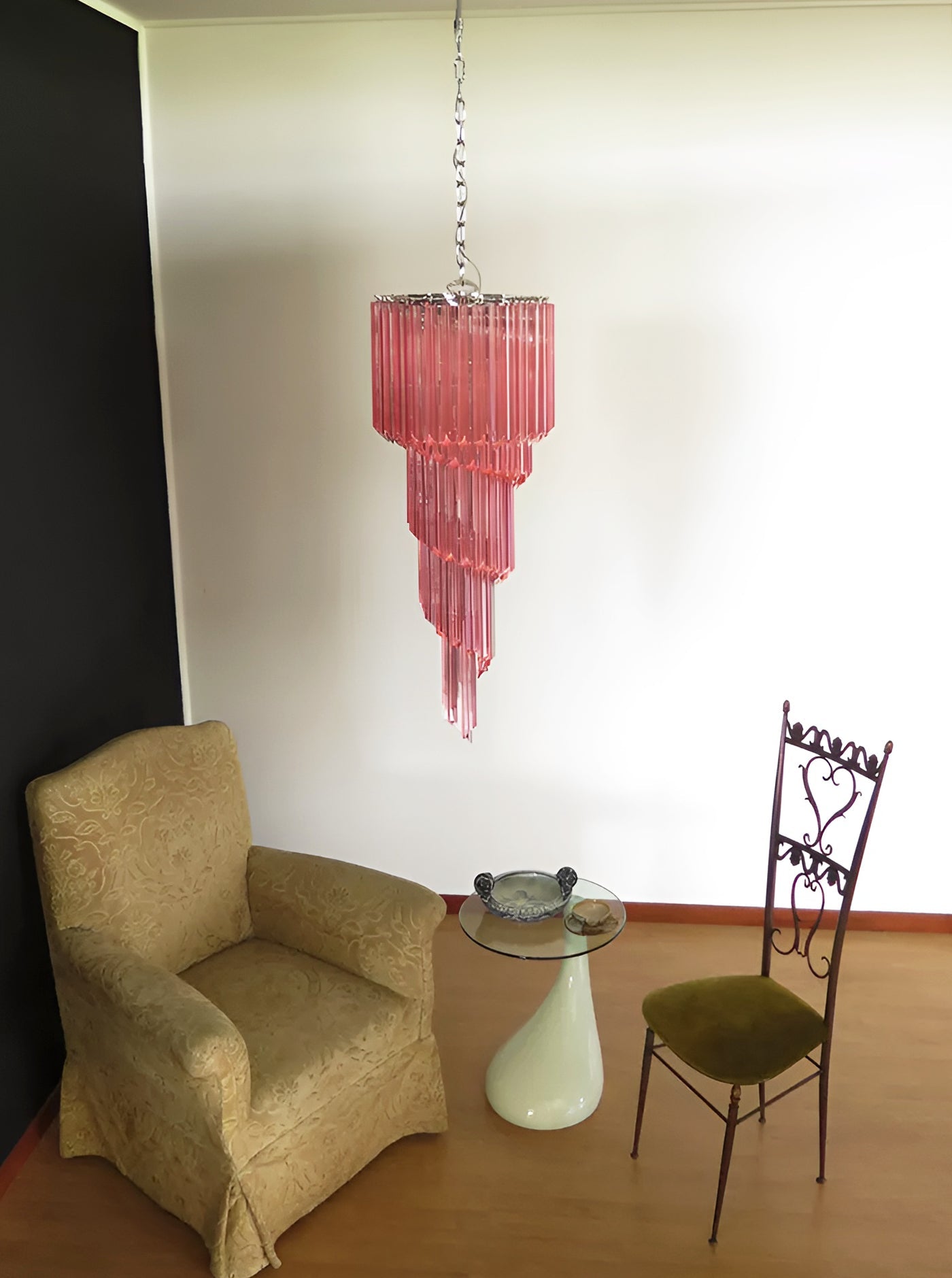 Chandelier  Spiral Prism Glass Hand-Cut Faceted Prisms Nickel Frame Pink Amber