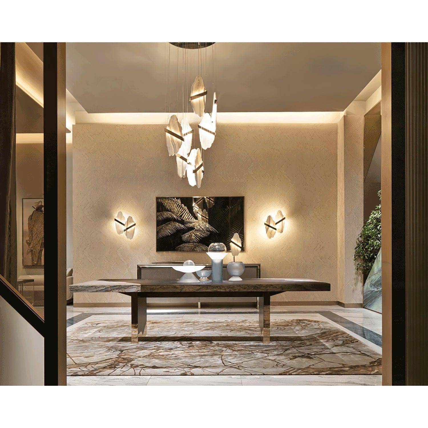 Luxurious Rock Alabaster 9-Head Chandelier with Gold & White Finish
