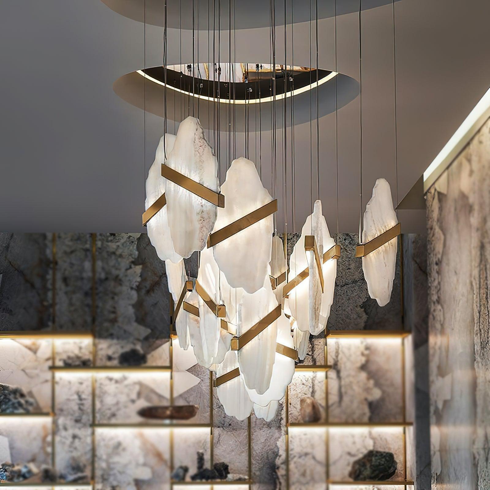 Luxurious Rock Alabaster 9-Head Chandelier with Gold & White Finish
