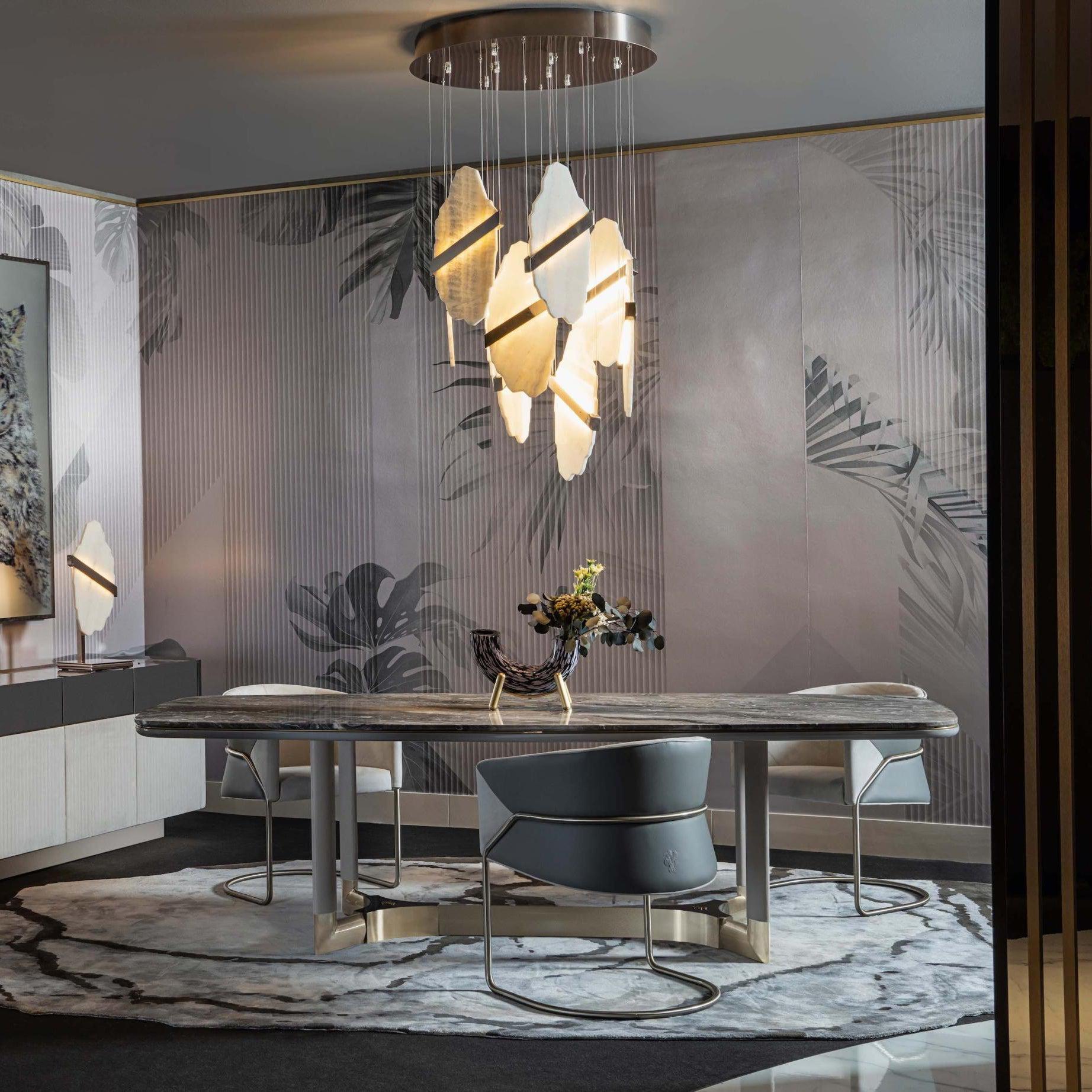 Luxurious Rock Alabaster 9-Head Chandelier with Gold & White Finish