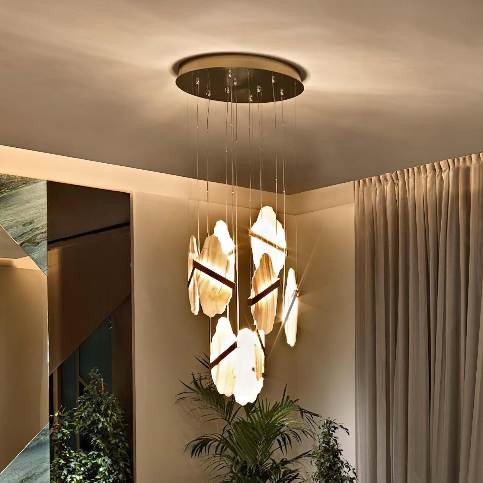Luxurious Rock Alabaster 9-Head Chandelier with Gold & White Finish
