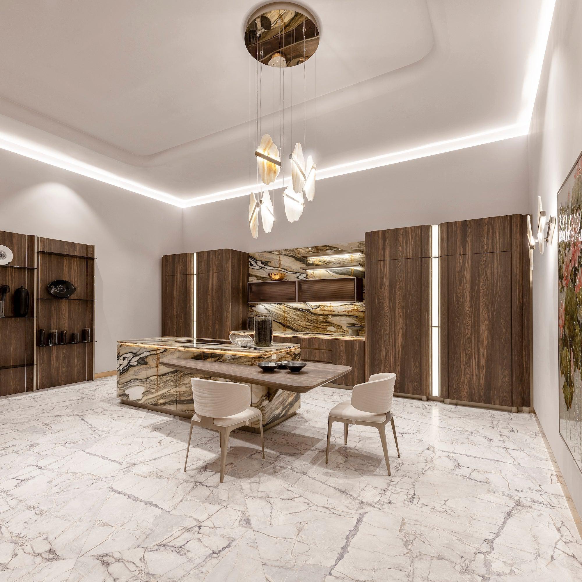 Luxurious Rock Alabaster 9-Head Chandelier with Gold & White Finish