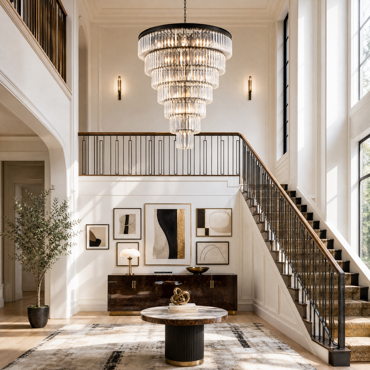 Striped Crystal Tower Round Pendant - Black