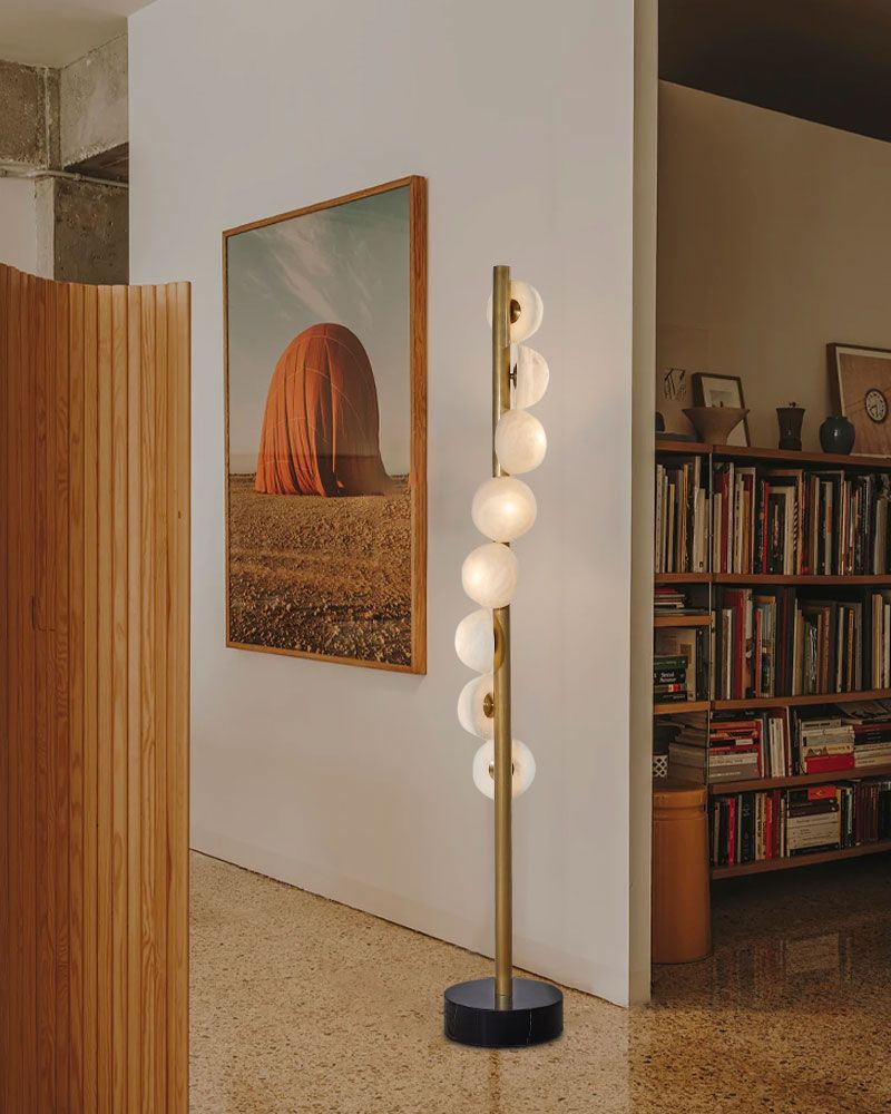 Vertical Antique Alabaster Globes in semi-flush fixtures Standing Marble Floor lamp