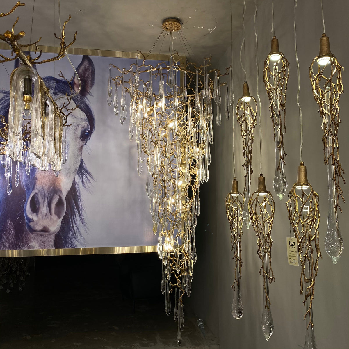 Modern Oversized Luxury Copper Crystal Long Crystal Branch Air Bubble Drop Staircase Light fixture