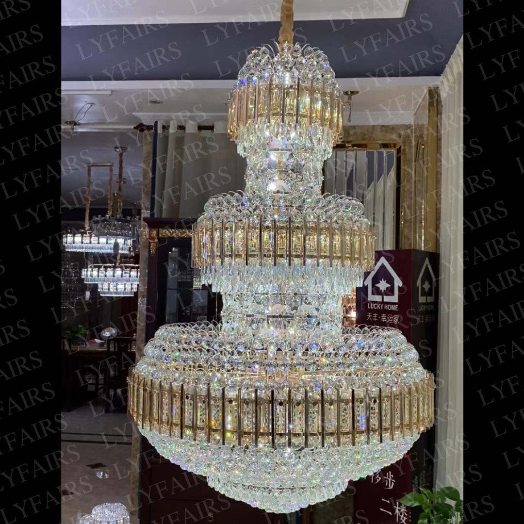 Golden Era Grand Cascade Amber&Clear Crystal Chandelier for High-ceiling