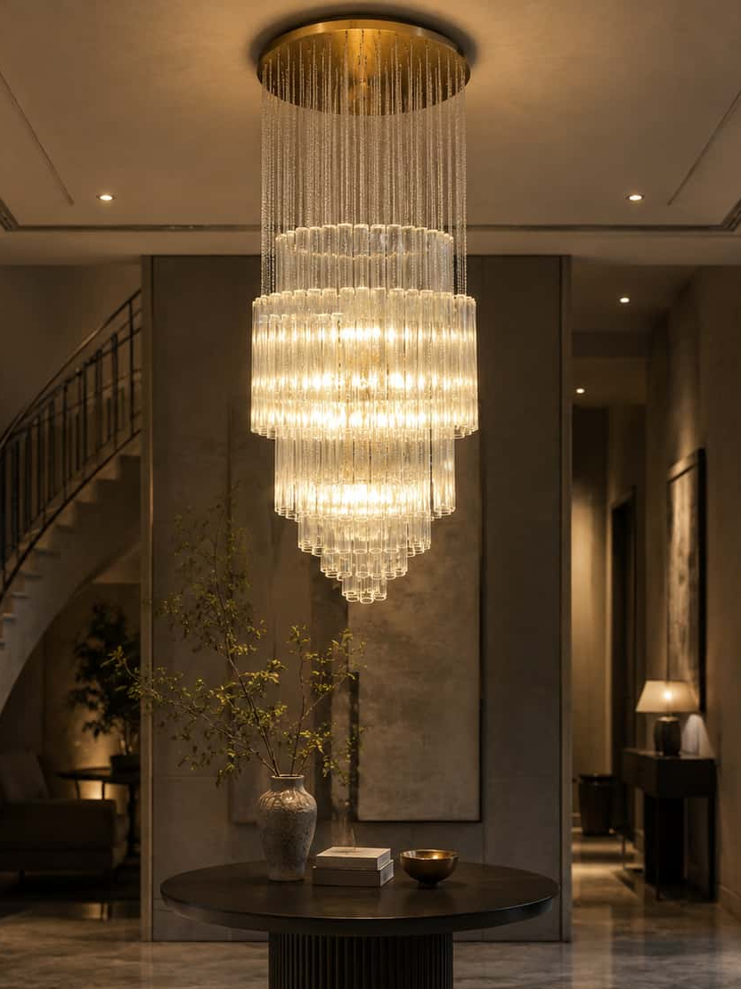 Luxury Floating Cascade Clear Glass Tube Chandelier for High Ceilings