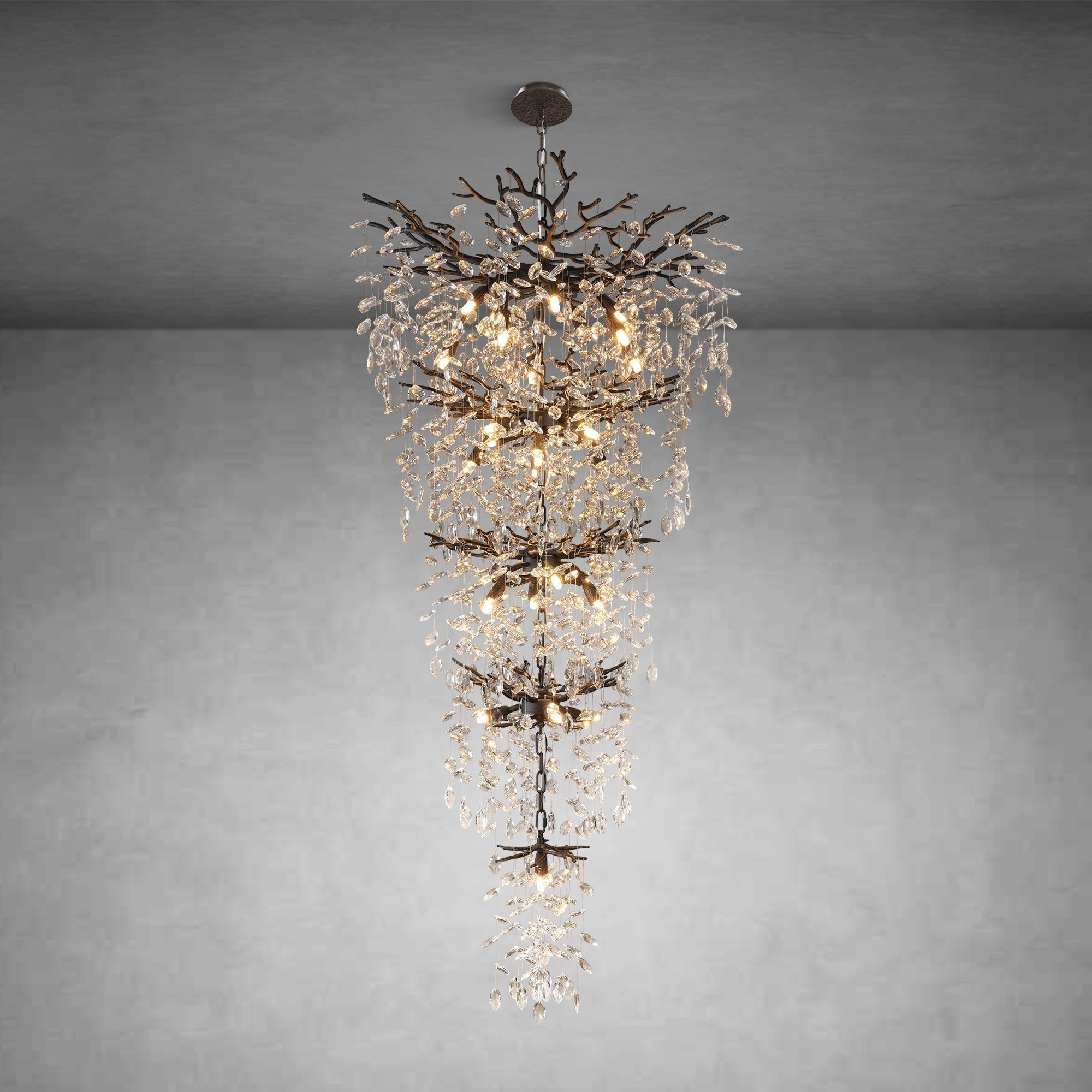 63" Long Crystal Chandelier for High Ceiling, 28-Light Black Tree Branch Chandelier, Modern Large Chandeliers for Staircase, Foyer, Entryway, Living Room, 5-Tier Luxury K9 Raindrop Light Fixture