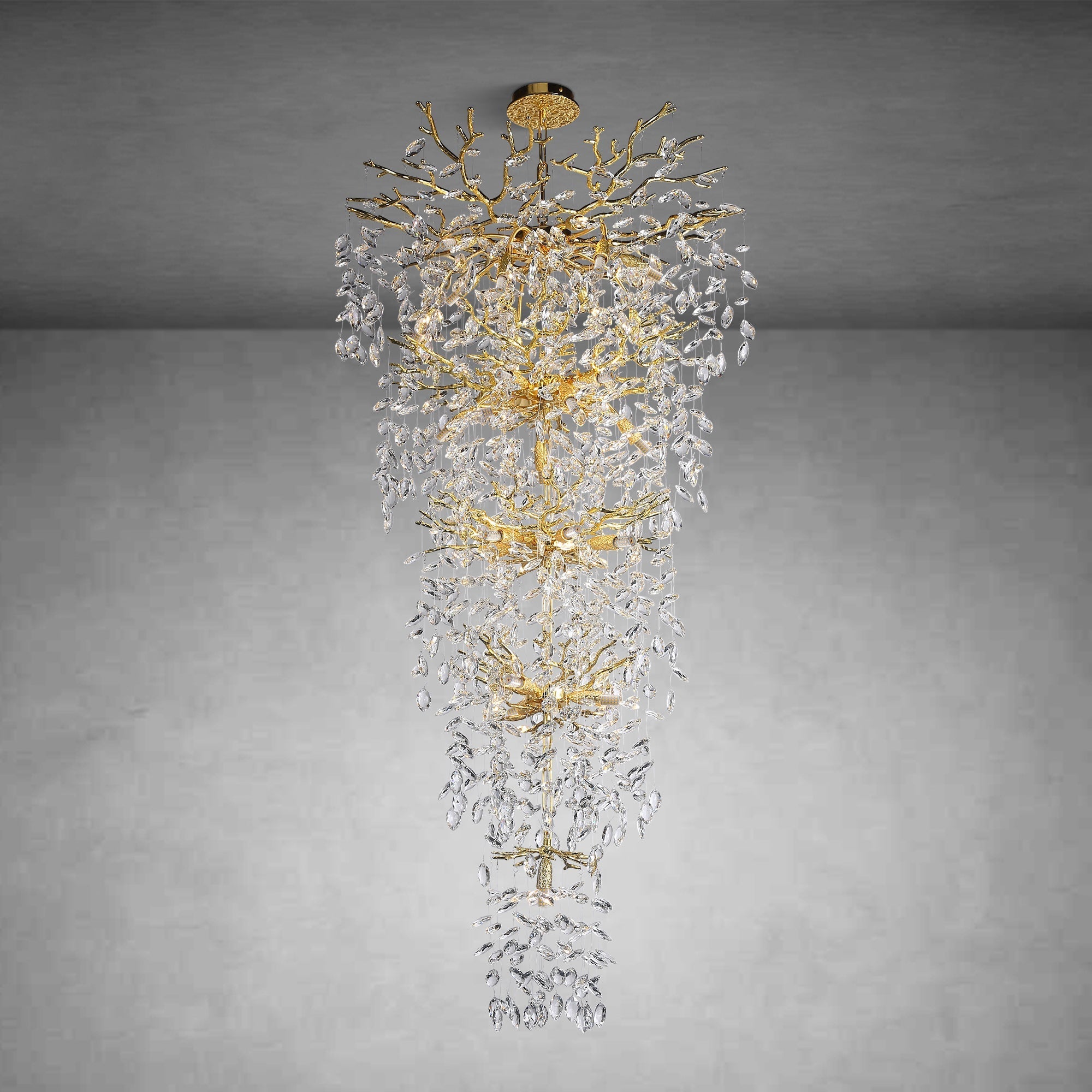 63'' Long Crystal Chandelier for High Ceiling, 28-Light Modern Gold Tree Branch Chandelier, Large Chandeliers for Foyer Entryway Staircase Living Room, 5-Tier Luxury K9 Crystal Raindrop Light Fixture