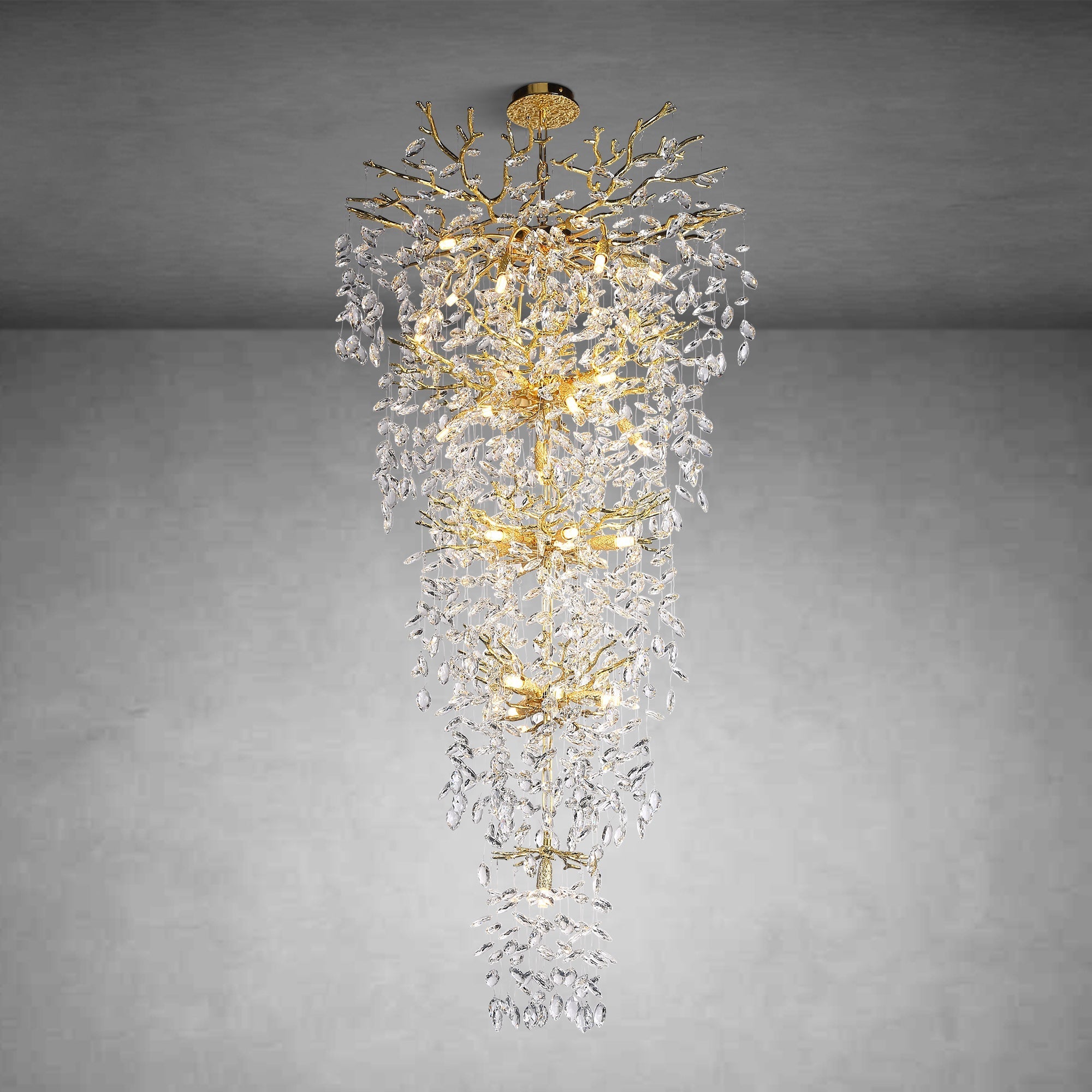 63'' Long Crystal Chandelier for High Ceiling, 28-Light Modern Gold Tree Branch Chandelier, Large Chandeliers for Foyer Entryway Staircase Living Room, 5-Tier Luxury K9 Crystal Raindrop Light Fixture