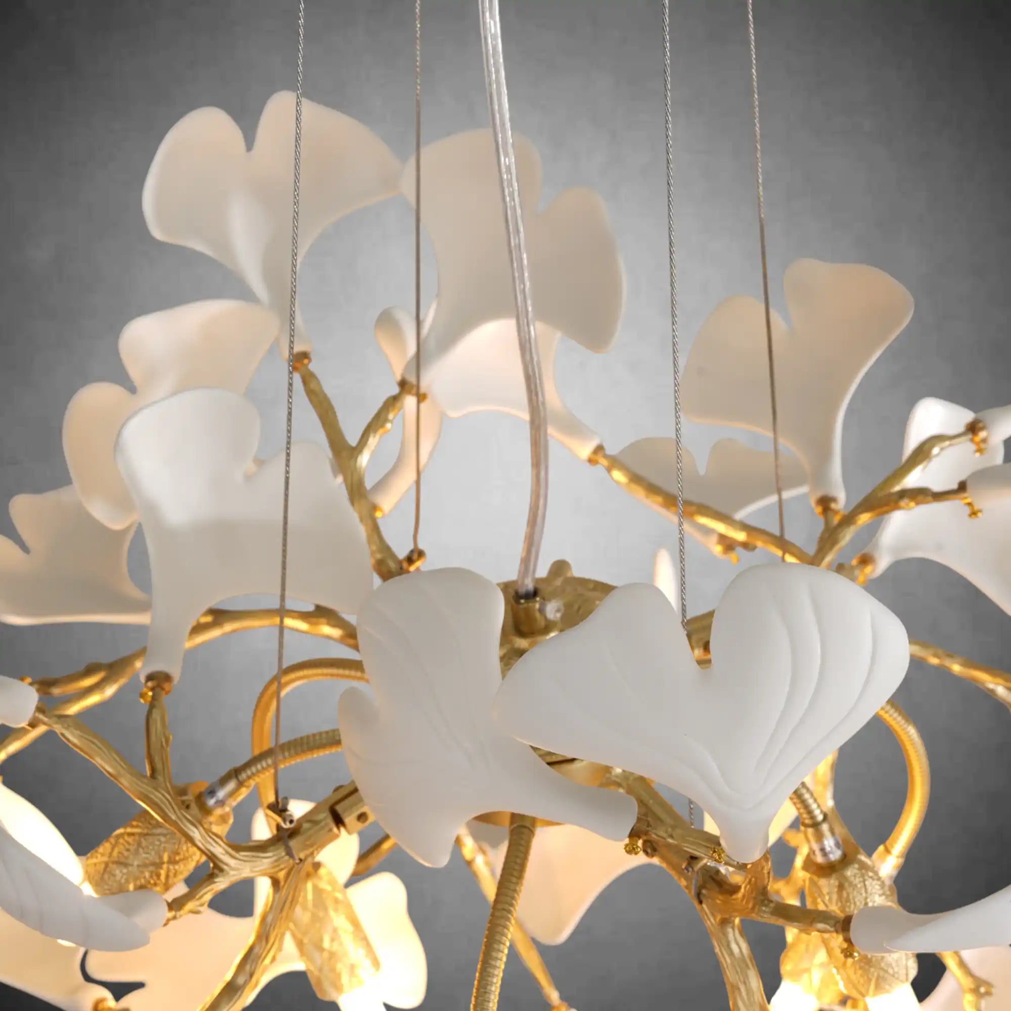 Gold Round Ceramic Ginkgo Leaf Chandelier 21.6"