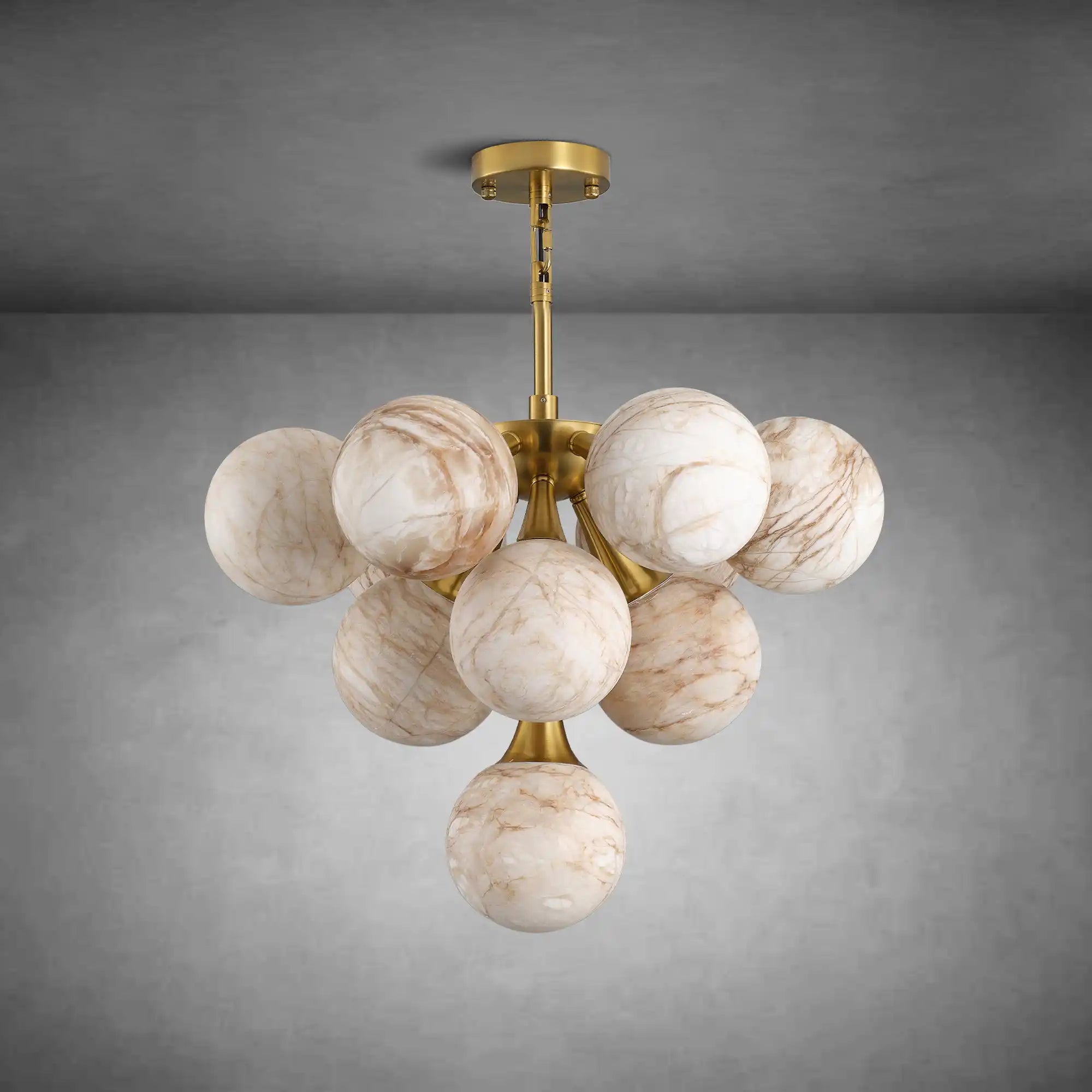 Modern 10-Light Chandelier, Gold Alabaster Globe Pendant Light, Adjustable for Sloped Ceiling, Dimmable Farmhouse Chandelier