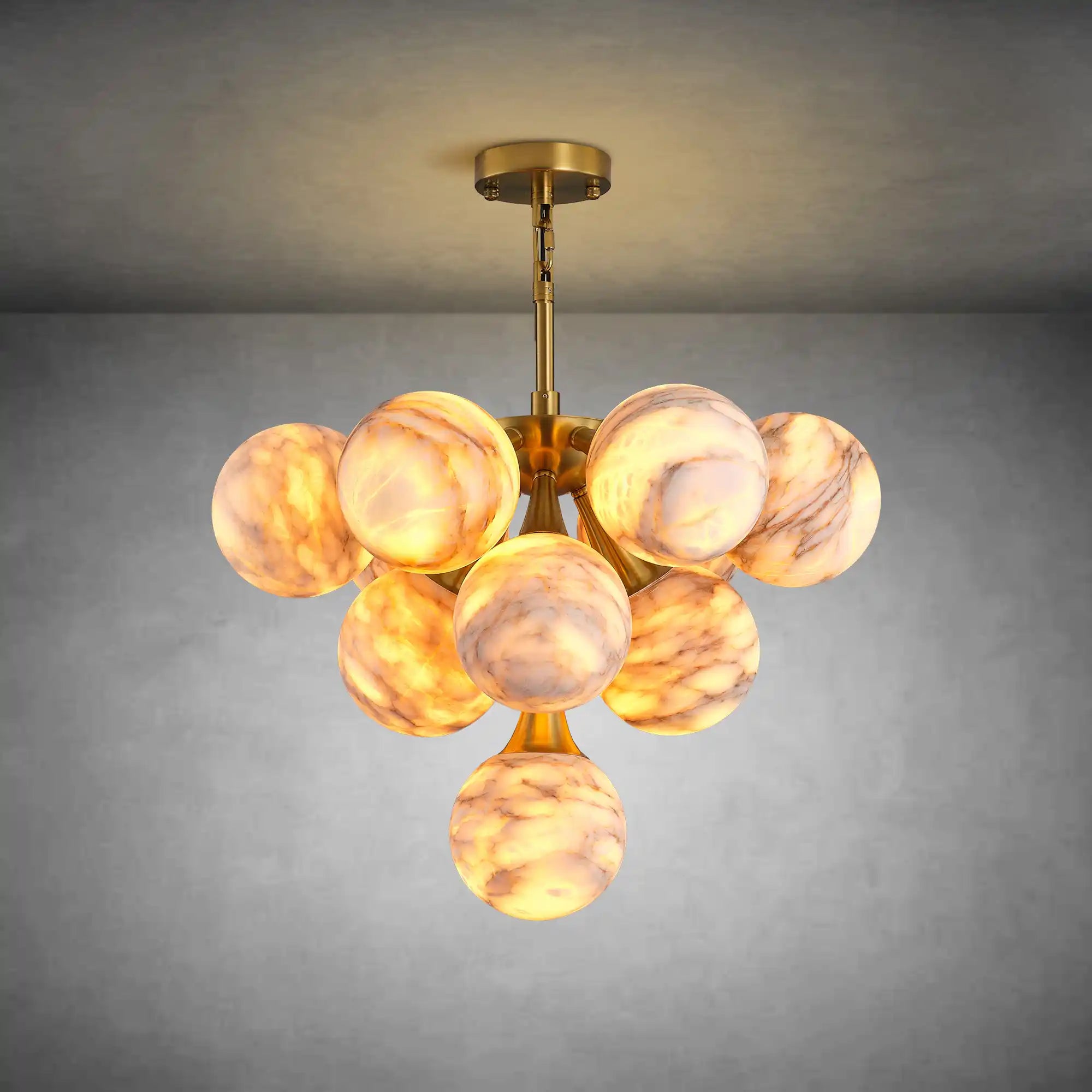 Modern 10-Light Chandelier, Gold Alabaster Globe Pendant Light, Adjustable for Sloped Ceiling, Dimmable Farmhouse Chandelier