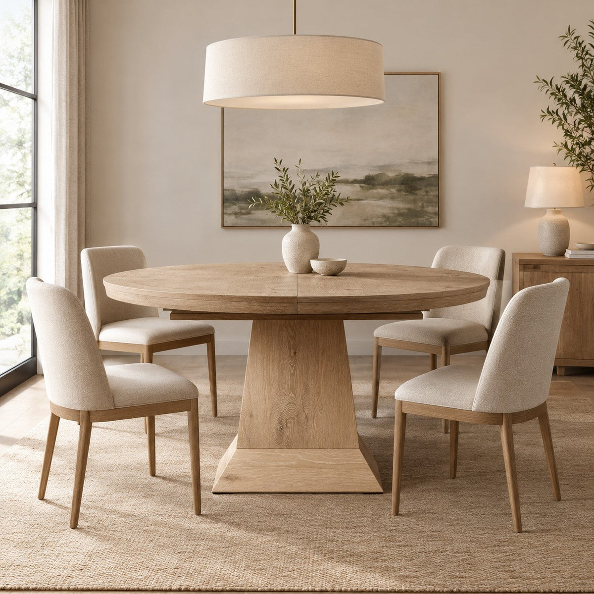 Expandable Round Oak Dining Table with Leaves