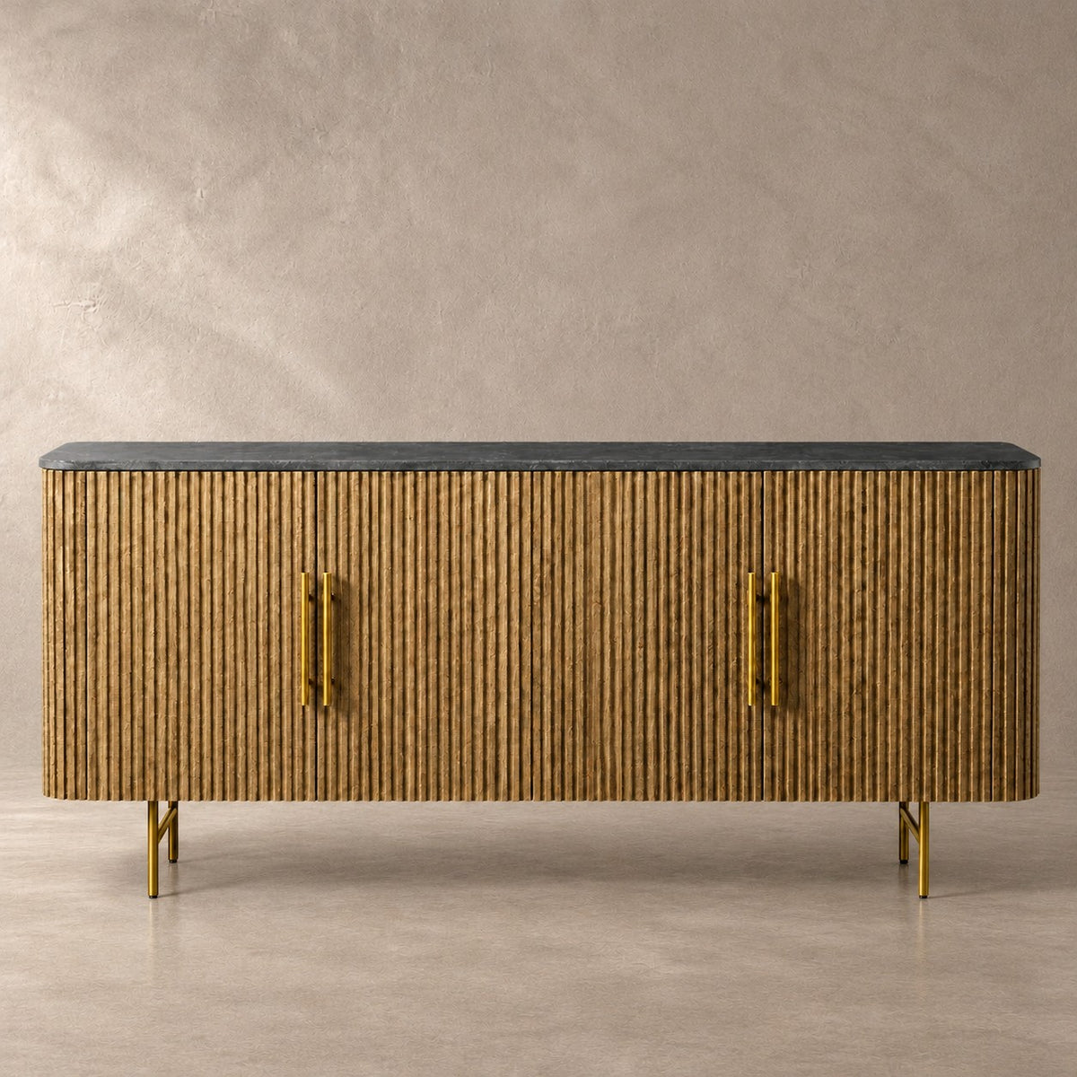 Reeded Wood and Stone Top Credenza
