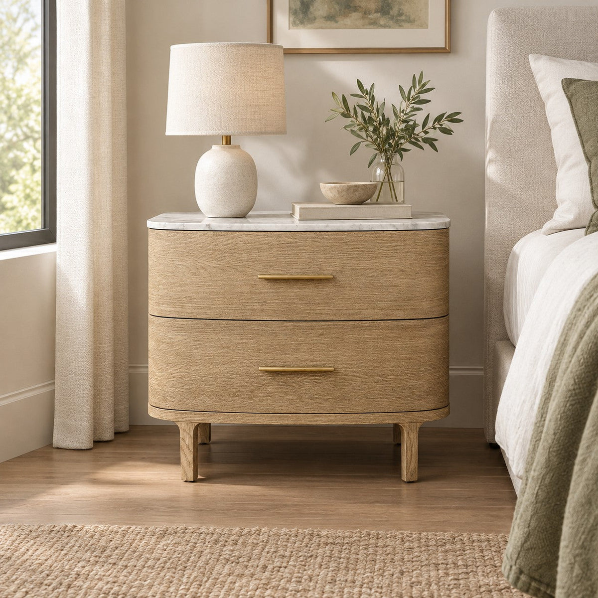 Two-Drawer Marble Top Bedside Table With Brass Pulls