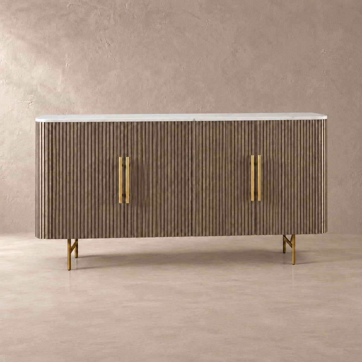 Reeded Wood and Stone Top Credenza