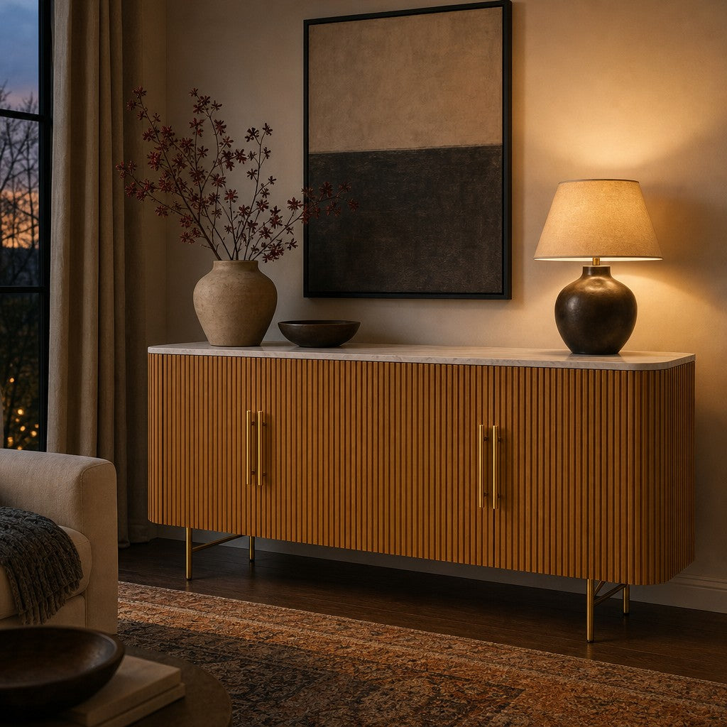 Reeded Wood and Stone Top Credenza