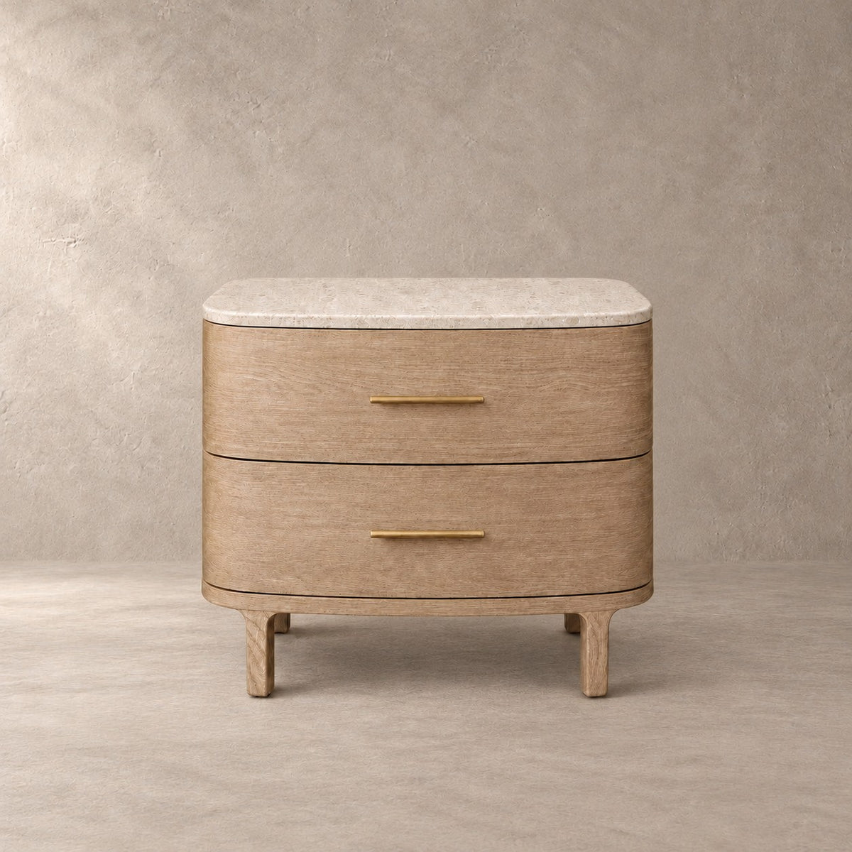 Two-Drawer Marble Top Bedside Table With Brass Pulls