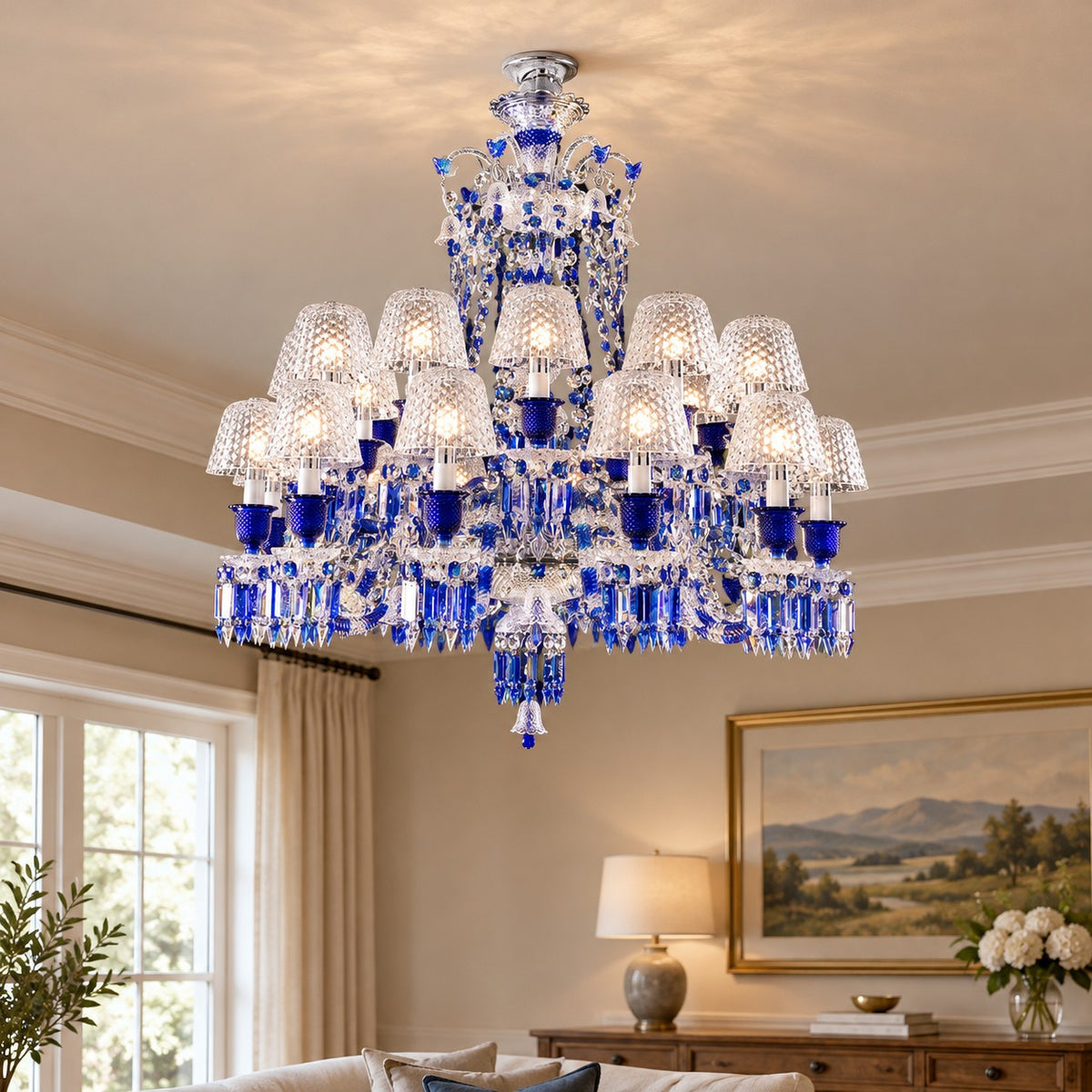 Luxury Vintage Blue Crystal Lampshade Chandelier for Living Room/Staircase/Foyer