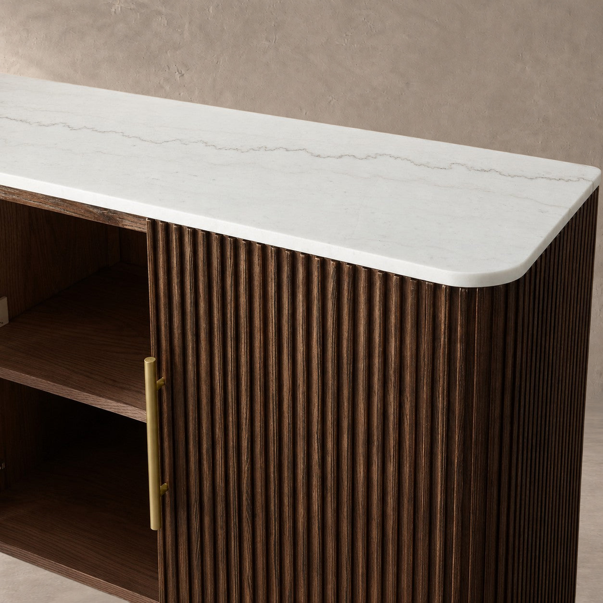 Reeded Wood and Stone Top Credenza