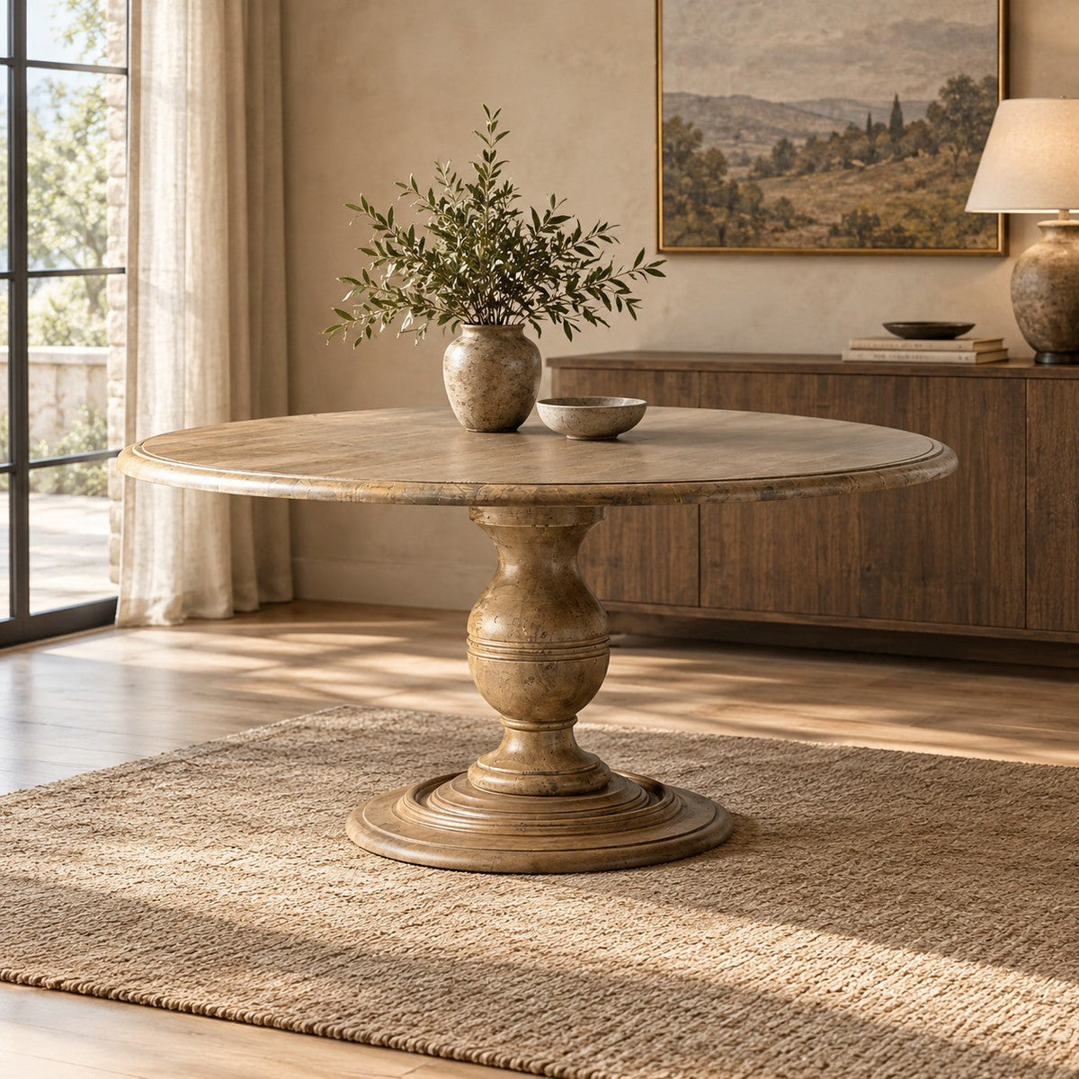 Round Dining Table in Hand-Carved Tulipwood