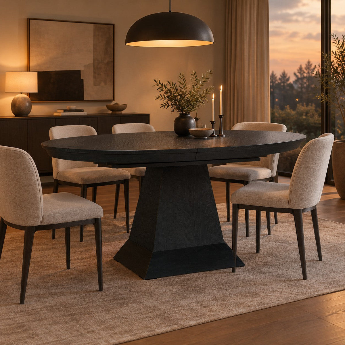 Expandable Round Oak Dining Table with Leaves