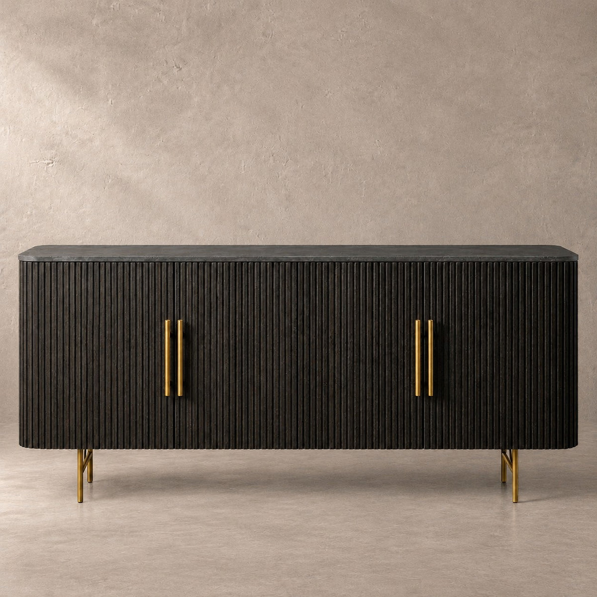 Reeded Wood and Stone Top Credenza