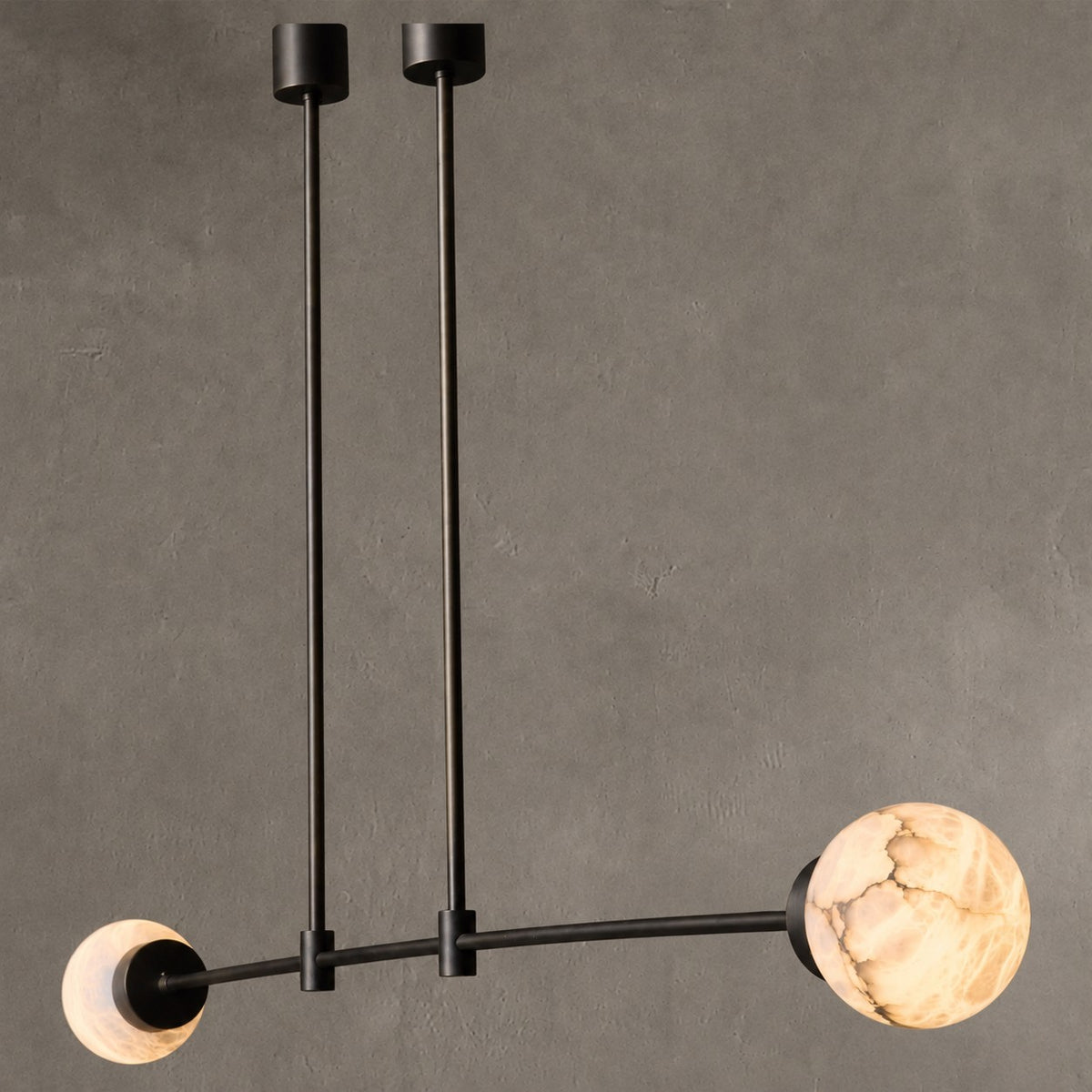 Brass and Alabaster Globes Asymmetrical Line Chandelier
