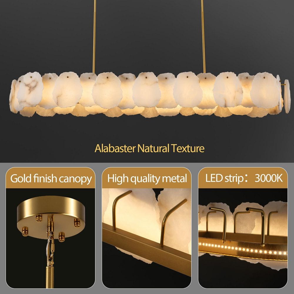 57.8 in. 1-Light Dimmable Integrated LED Brass Alabaster Chandelier, Luxury Large Marble Kitchen Island Chandelier