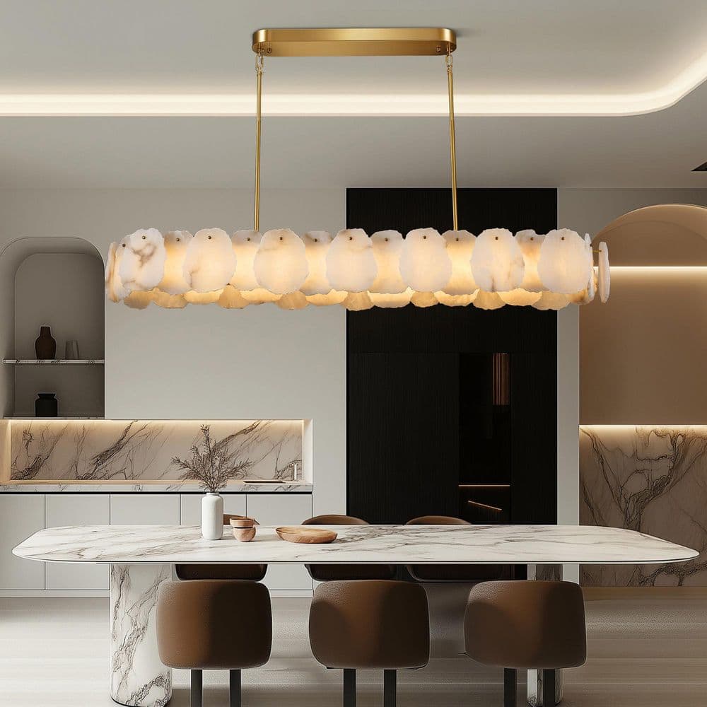 57.8 in. 1-Light Dimmable Integrated LED Brass Alabaster Chandelier, Luxury Large Marble Kitchen Island Chandelier