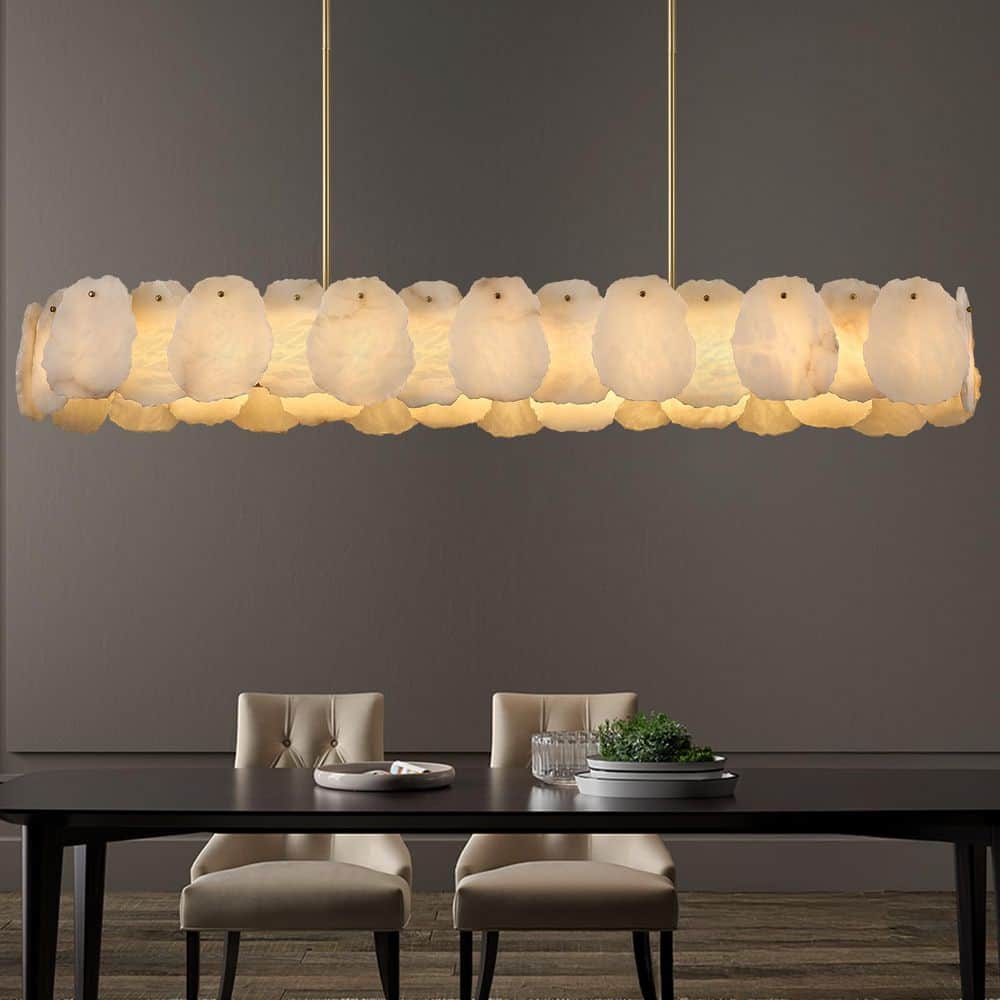 57.8 in. 1-Light Dimmable Integrated LED Brass Alabaster Chandelier, Luxury Large Marble Kitchen Island Chandelier
