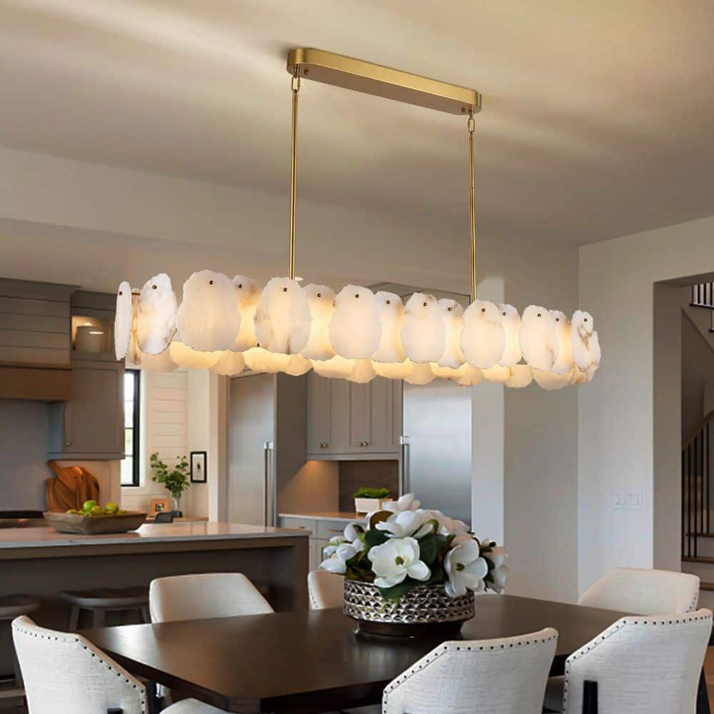 57.8 in. 1-Light Dimmable Integrated LED Brass Alabaster Chandelier, Luxury Large Marble Kitchen Island Chandelier