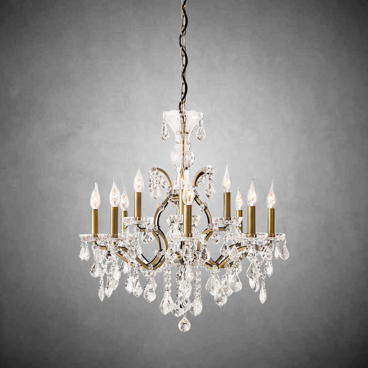 Rococo Iron & Crystal Round Chandelier 28" with Antiqued Brass Finish