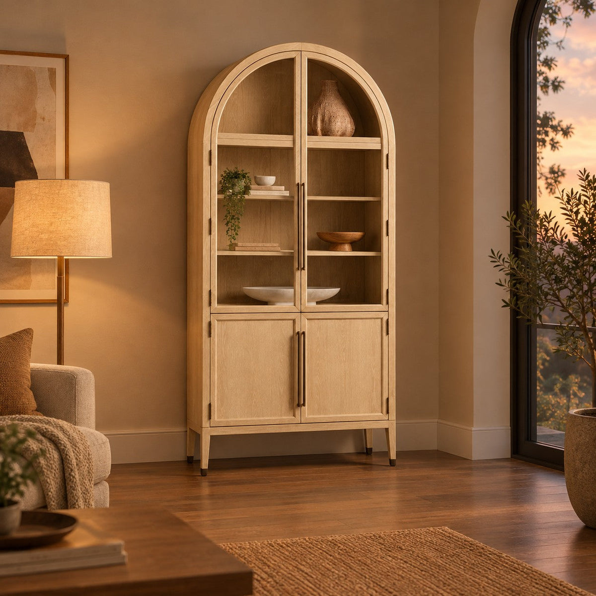 Tall Oak Display Cabinet with Glass Doors