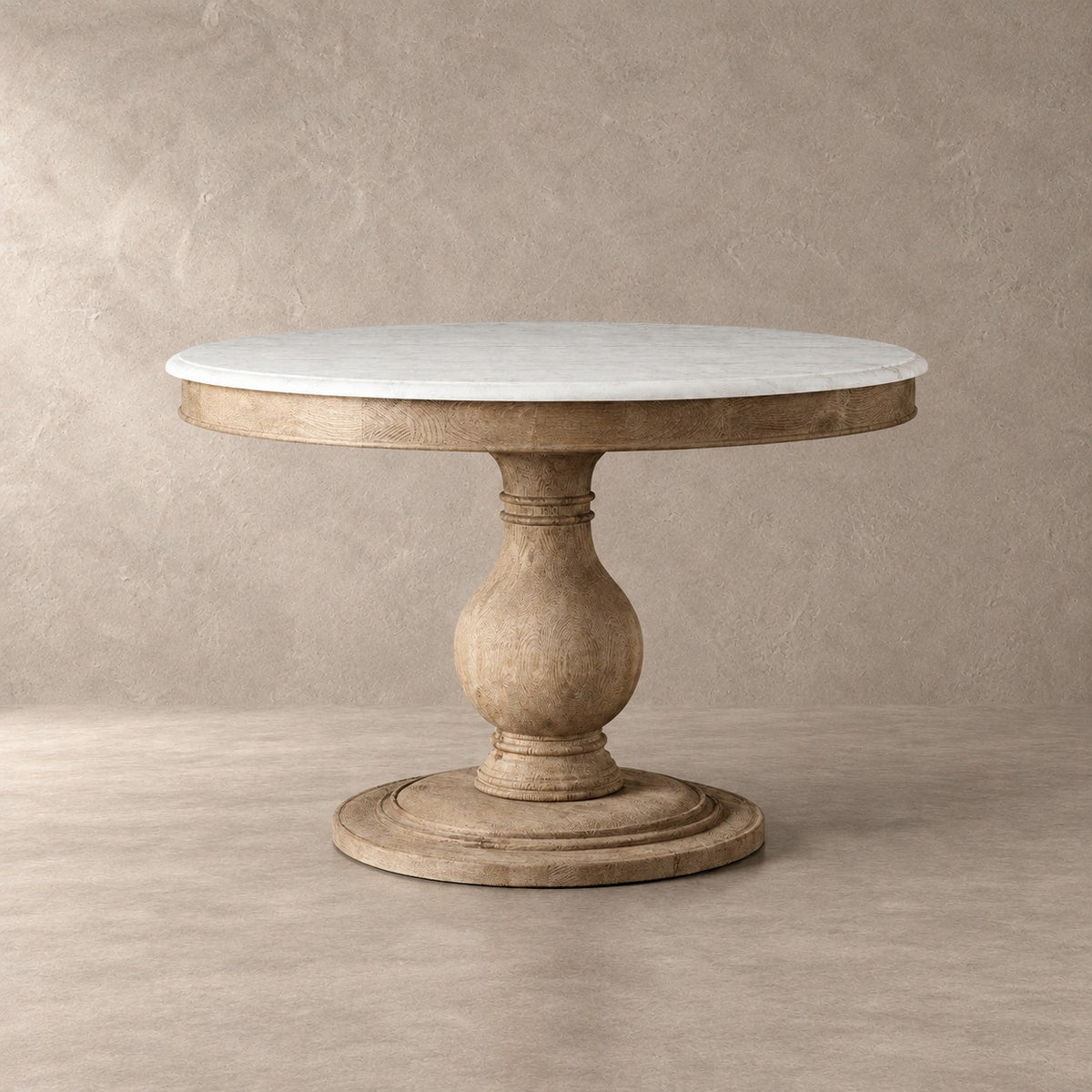 Sculpted Pine Base Round Marble Dining Table