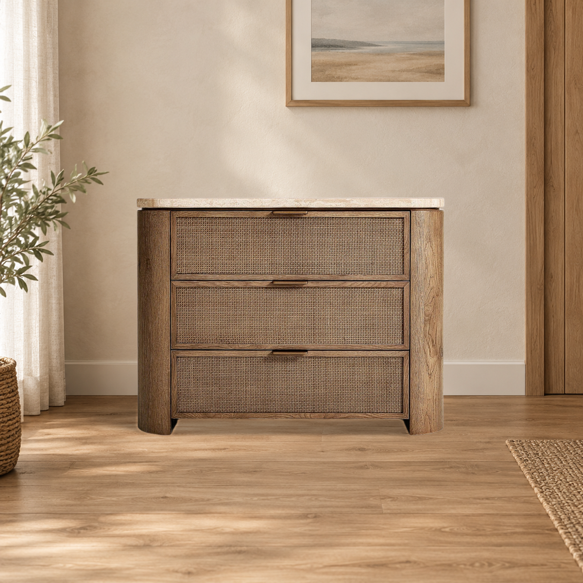 Travertine Top Oak Bedside Table