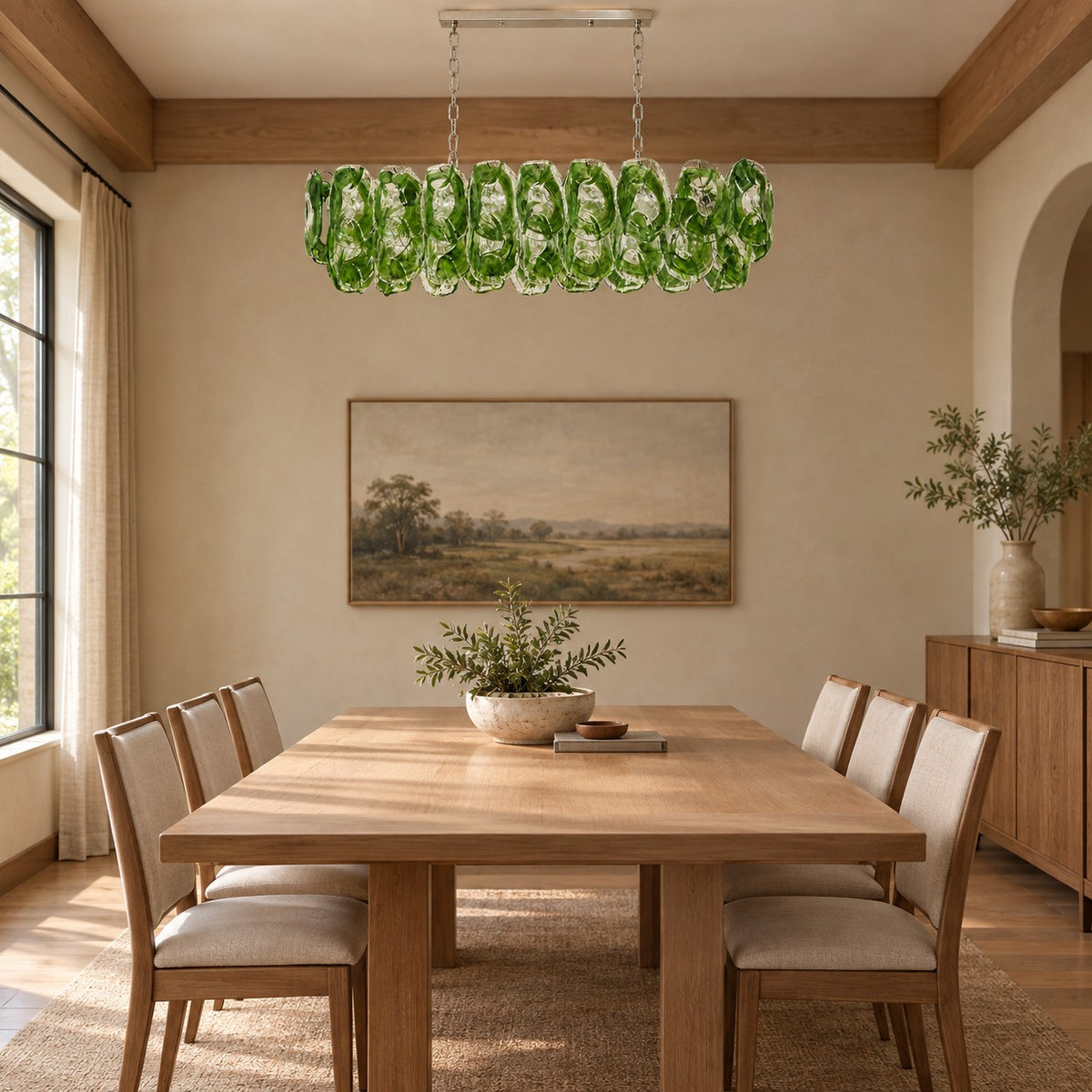 Chandelier Sculptural Green Glass Linear Style