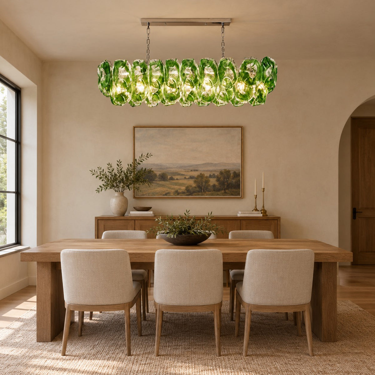 Chandelier Sculptural Green Glass Linear Style