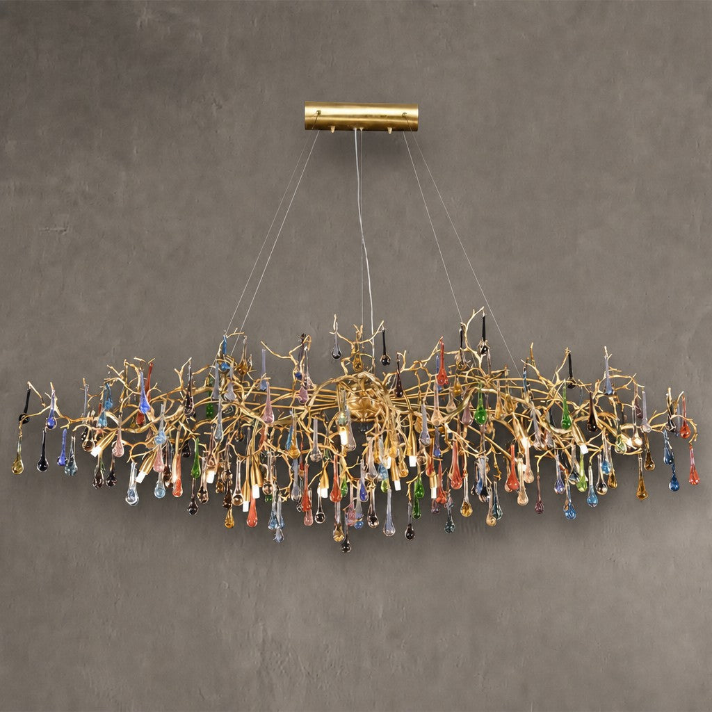 Colorful Raindrop Brass Branch Chandelier with Crystal Accents