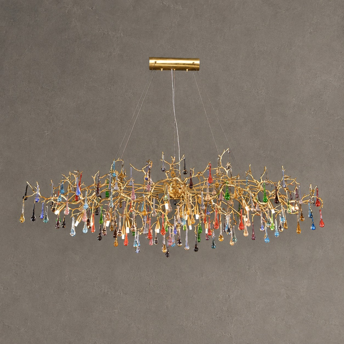 Colorful Raindrop Brass Branch Chandelier with Crystal Accents