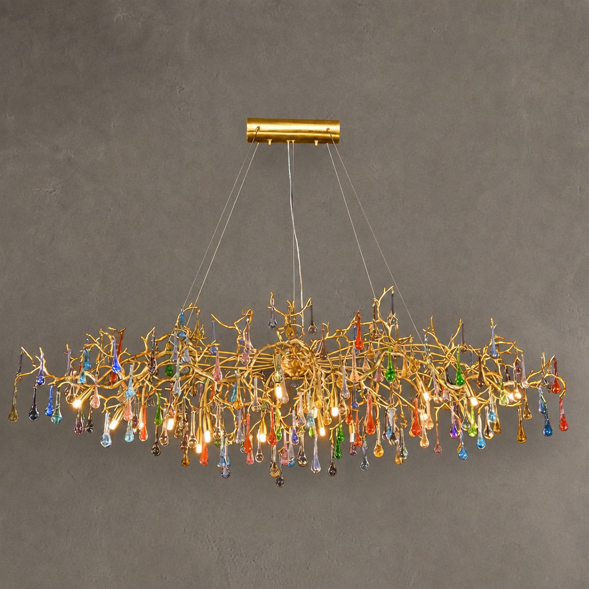 Colorful Raindrop Brass Branch Chandelier with Crystal Accents