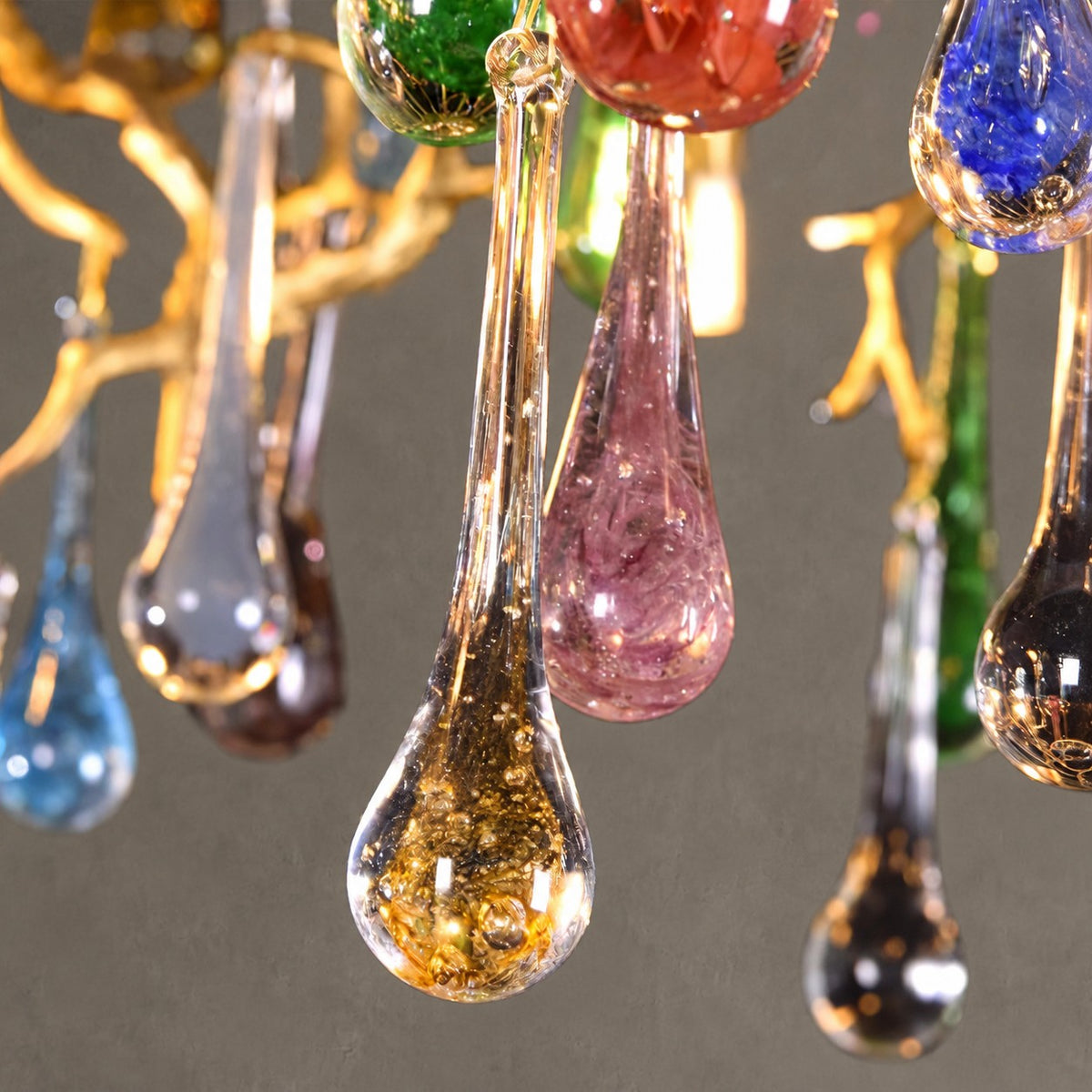 Colorful Raindrop Brass Branch Chandelier with Crystal Accents